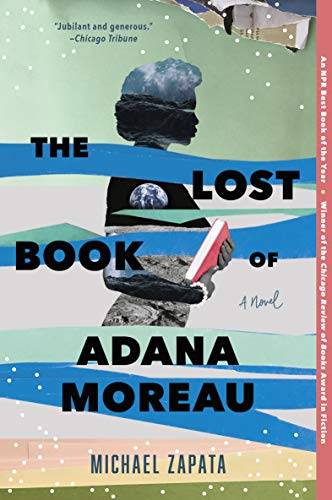 "the lost book of adana moreau" featuring the silhouette of a person holding a book filled with landscape images of the moon behind waves of blue.
